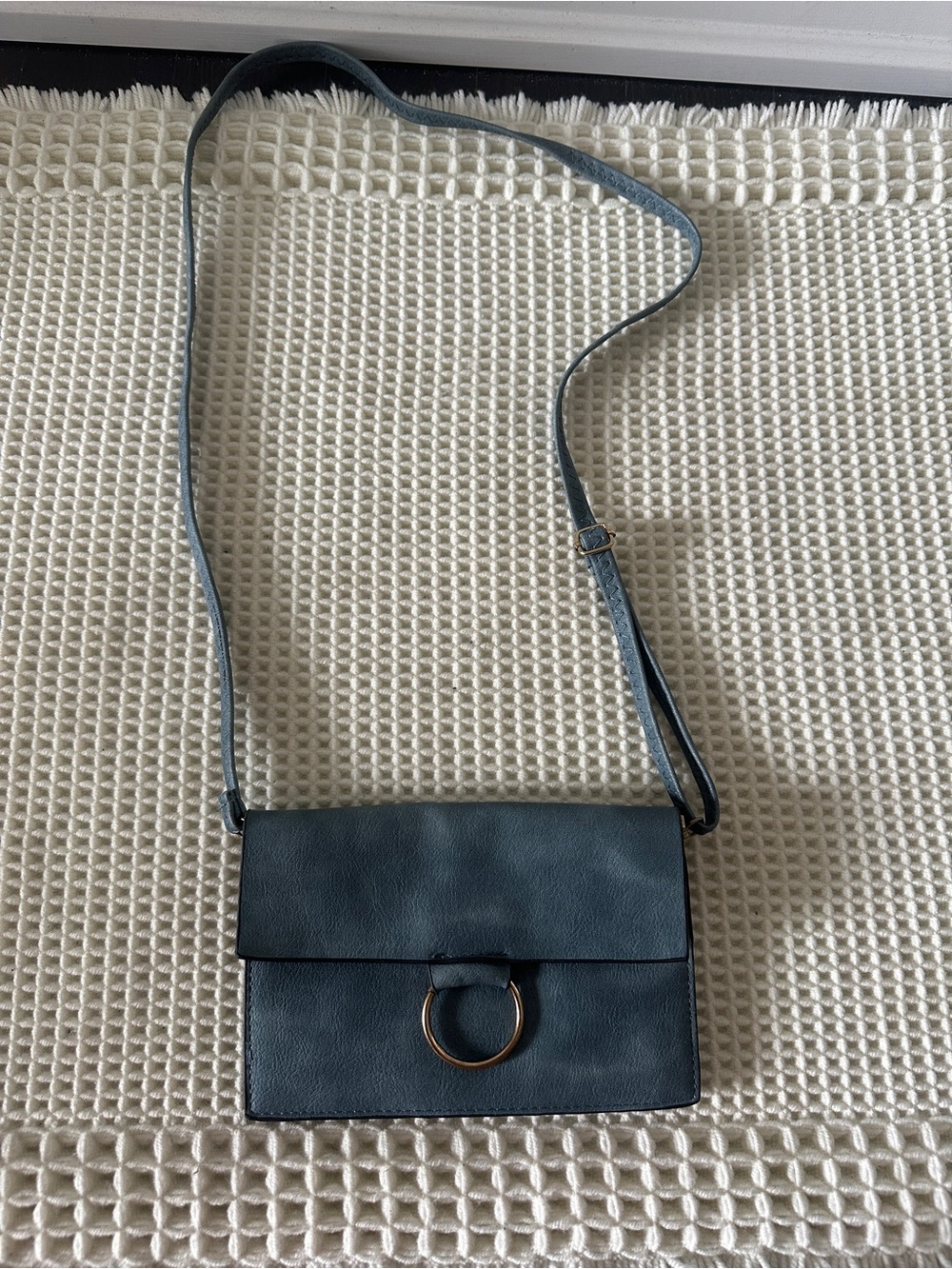 Grey-Blue Leather Ring Front Purse with Adjustable Strap
